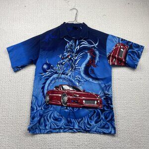 Y2K Urban Rags Skull Blue Dragon Racing Car Flame AOP Shirt Men Sz XL Cyber